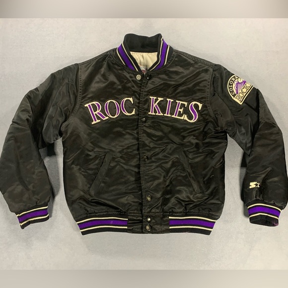 VTG 90s Colorado Rockies Starter Diamond Collection Satin Bomber Jacket Youth M - Picture 1 of 7
